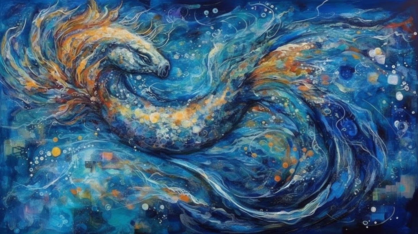 A vibrant starry night sky with a seahorse silhouette floating gracefully