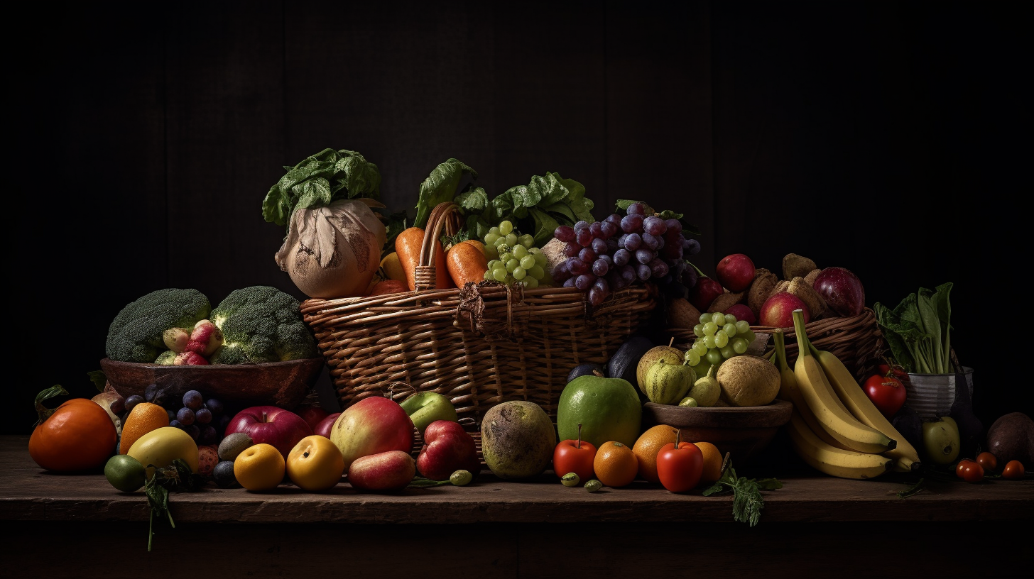 Assorted fruits and vegetables arranged in a Dutch still-life style