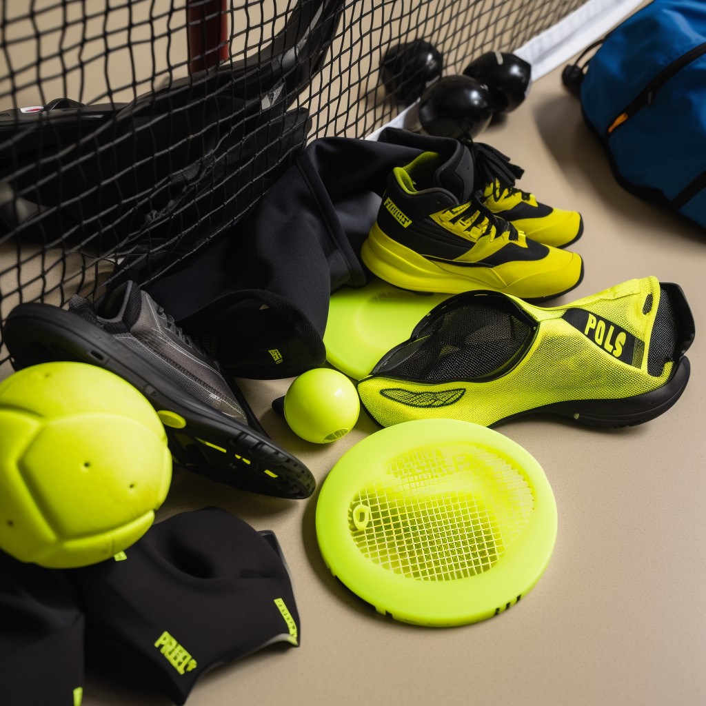 An assortment of <a href="https://www.the-long-tail.com/beginner-guide-pickleball-scoring">pickleball gear</a> including paddle, balls, gloves, and court-specific footwear