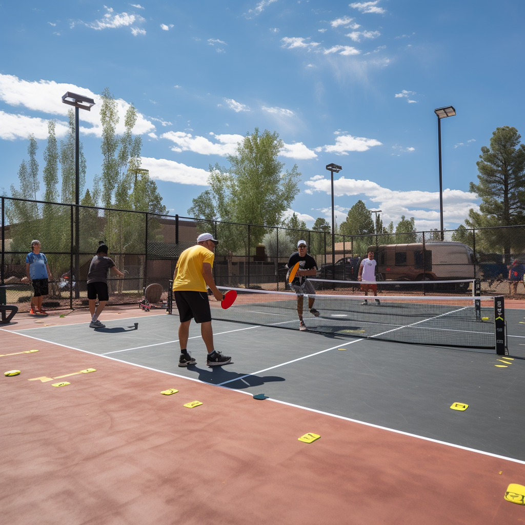 A competitive game of pickleball, highlighting the ‘kitchen’ zone and proper positioning