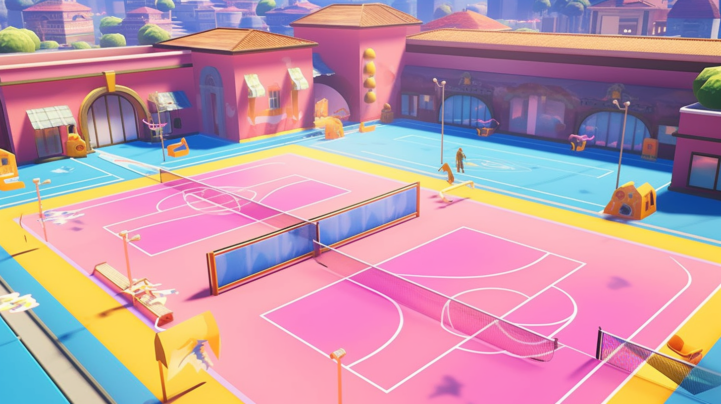 A dynamic pickleball court with vibrant colors and abstract shapes