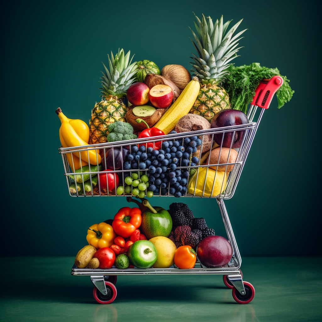 A grocery shopping cart filled with a variety of colorful fruits, vegetables, and whole grains demonstrating affordable superfoods.