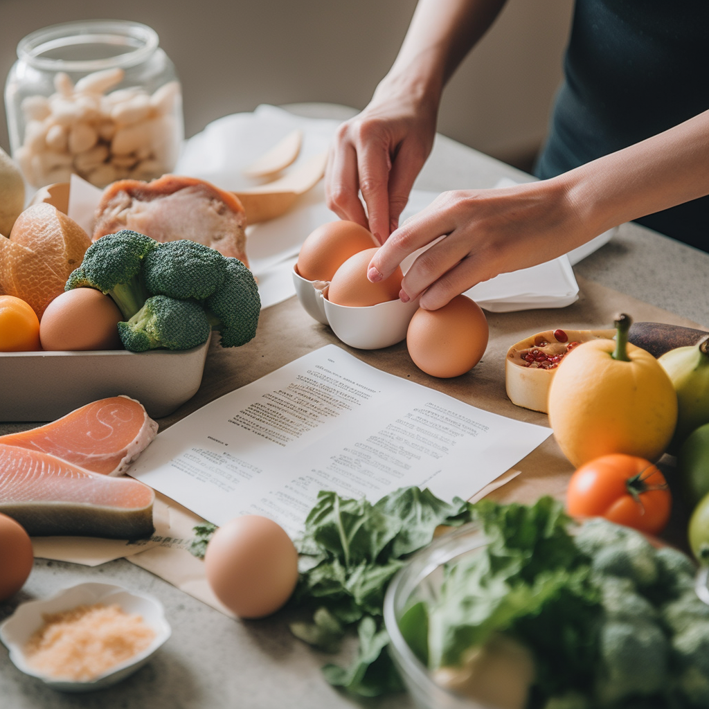 A lifestyle shot of a person examining a grocery receipt and preparing to cook, surrounded by nutritious yet budget-friendly food items