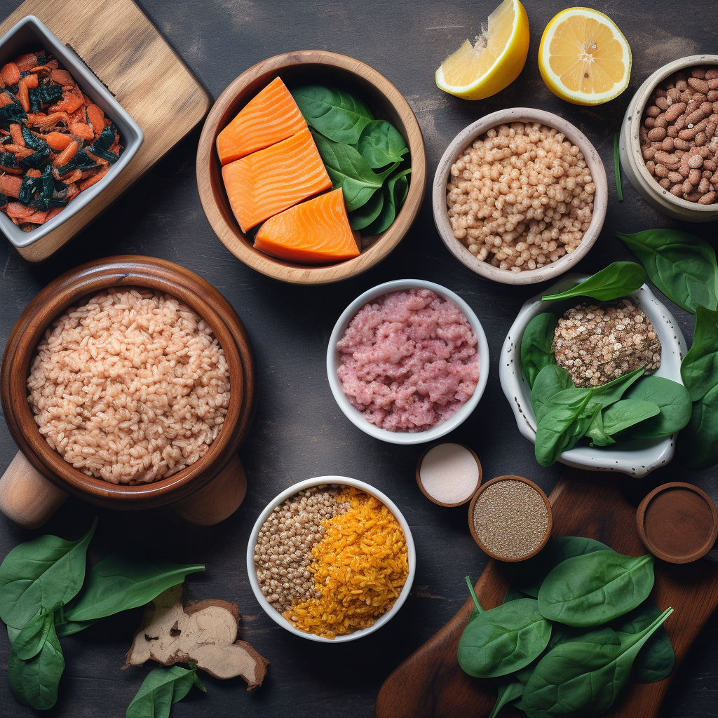 A creative layout of various superfoods like lentils, brown rice, sweet potatoes, spinach, and canned tuna