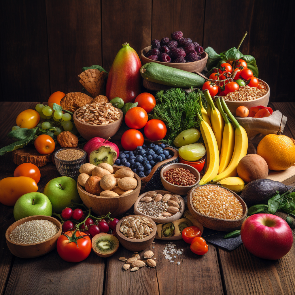 An assortment of colorful fruits, vegetables, legumes, and whole grains displayed on a rustic wooden table