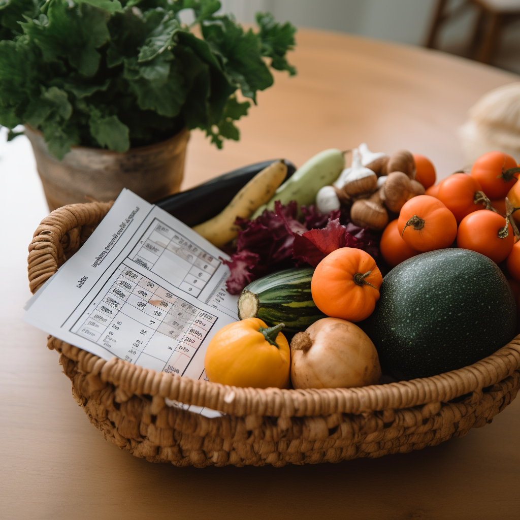 A grocery receipt next to a basket filled with assorted plant-based foods, symbolizing the cost-effectiveness of the diet