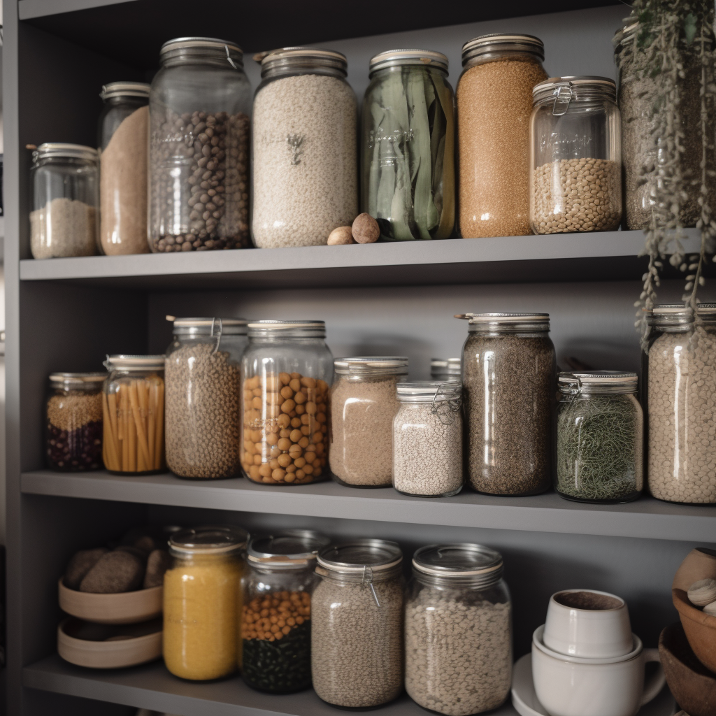 An organized plant-based pantry, showcasing dry staples such as lentils, grains, and canned fruits and vegetables