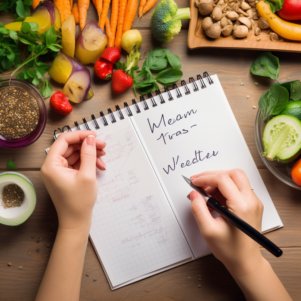 Hands writing a meal plan for the week with a background of various plant-based meals