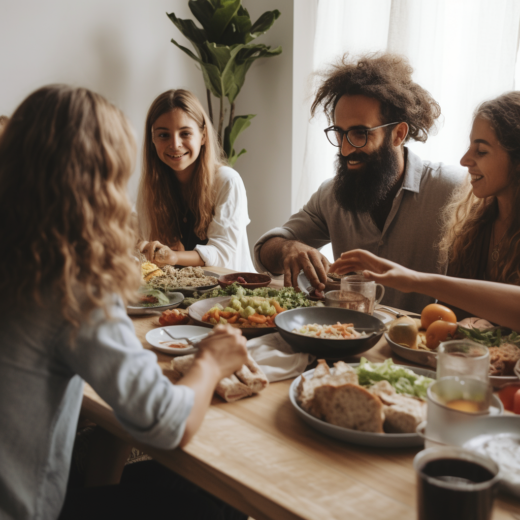 A family enjoying a plant-based meal at a dinner table, demonstrating the lifestyle and community aspect