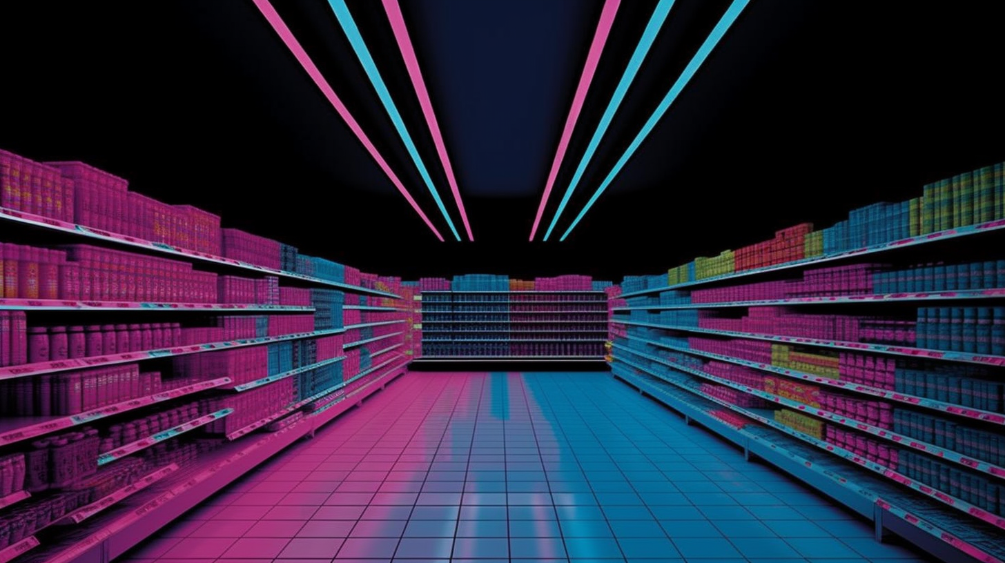 An expansive grocery store aisle bathed in soft fluorescent light, gleaming shelves stacked high with identical bulk products, echoing the monotonous repetition of Andy Warhol's pop art.