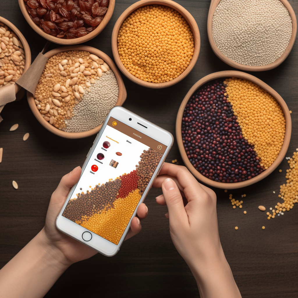 Composite image showing bulk buys of whole grains and pulses next to a person loading a digital coupon onto their mobile phone, symbolizing smart shopping