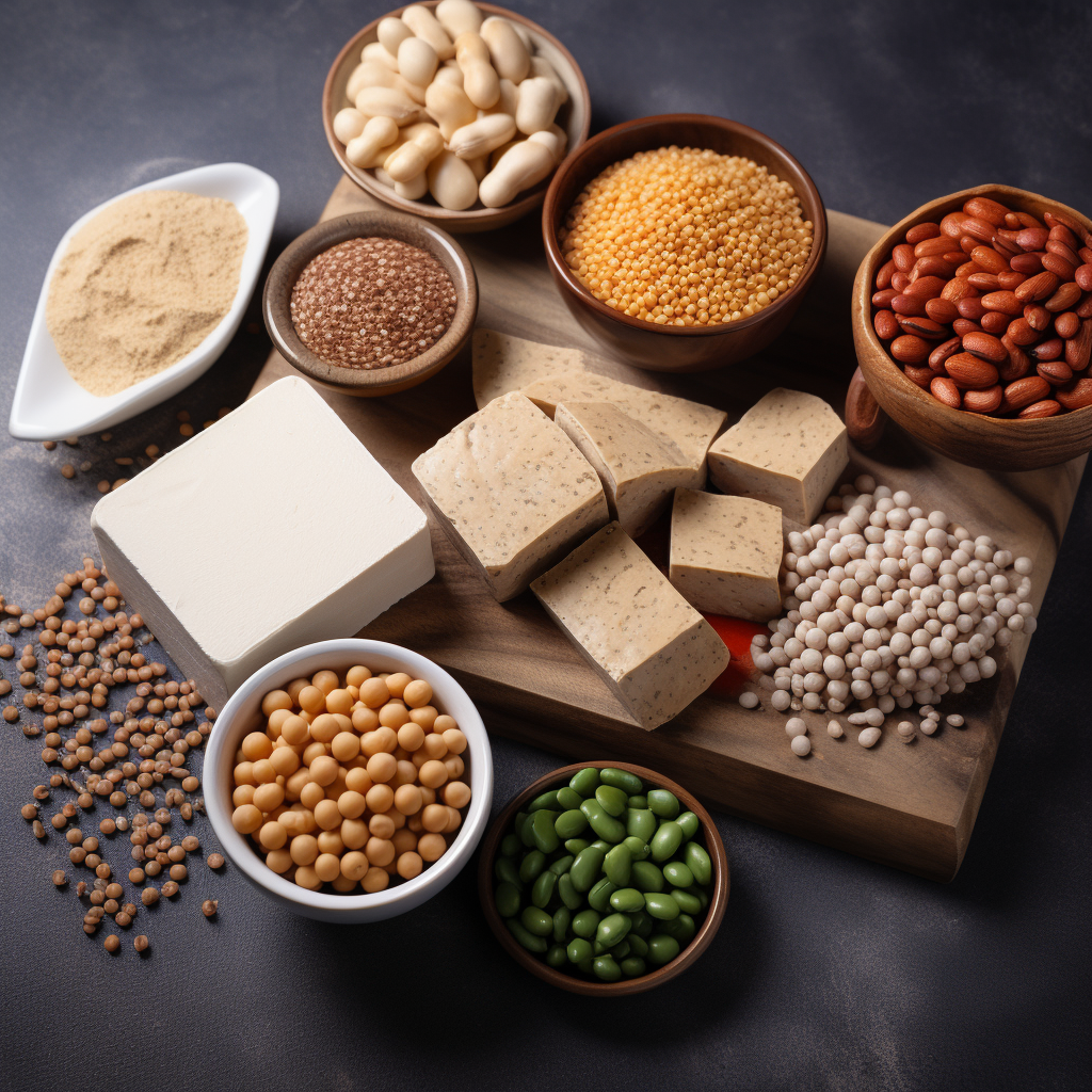 A display of various heart-healthy, plant-based protein sources, such as beans, lentils, tofu, and tempeh