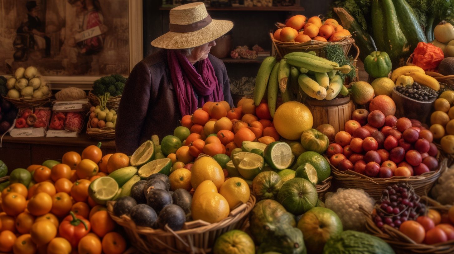 Bustling marketplace with vibrant fruits, vegetables, and grains