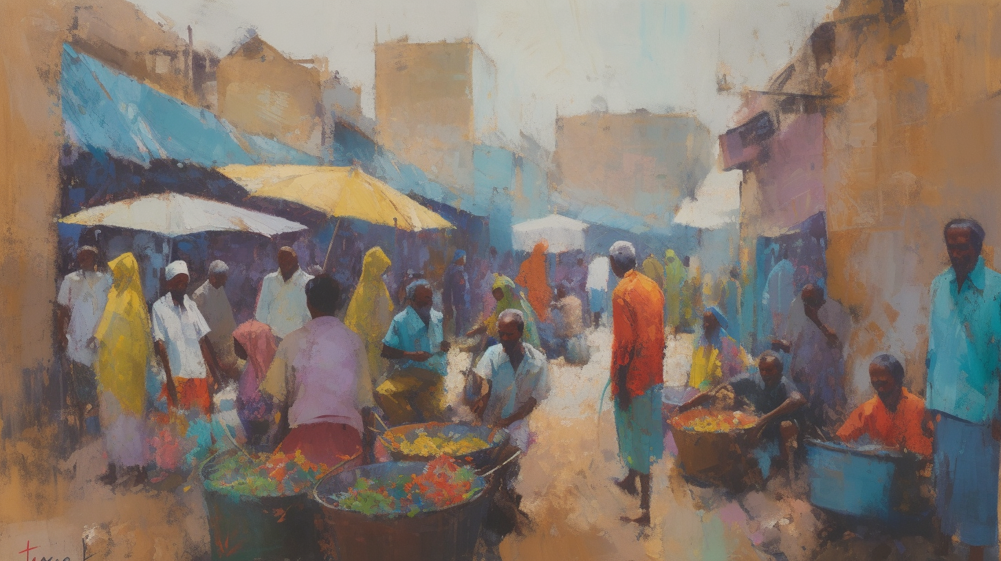 Vibrant and bustling market scene with shoppers rushing around