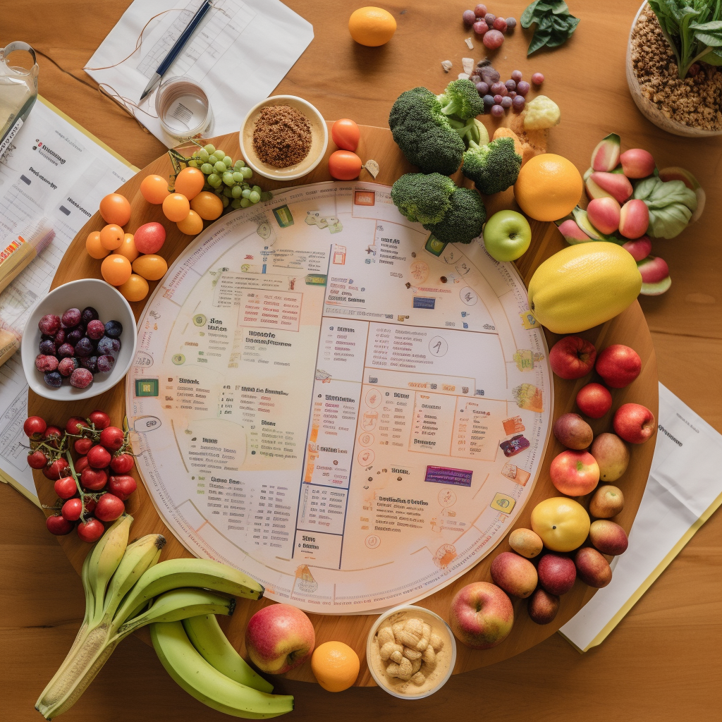 A high-angled shot of a round tabletop filled with various fruits and vegetables, a grocery list, and a meal plan chart, visually representing the outcome of strategic grocery shopping and meal prepping