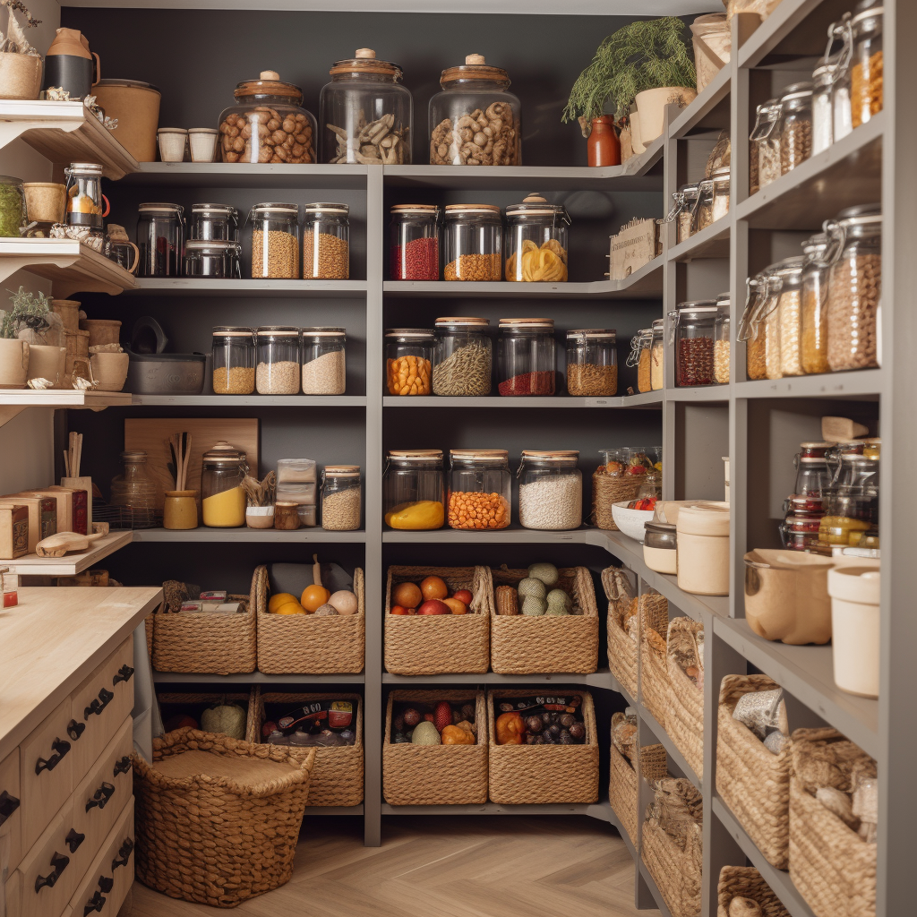 A well organized pantry filled with whole grains, canned goods and spices, as well as a refrigerator containing fresh fruits, veggies, and other healthy options. This signifies smart food storage techniques that can make nutritious meals more feasible on a budget