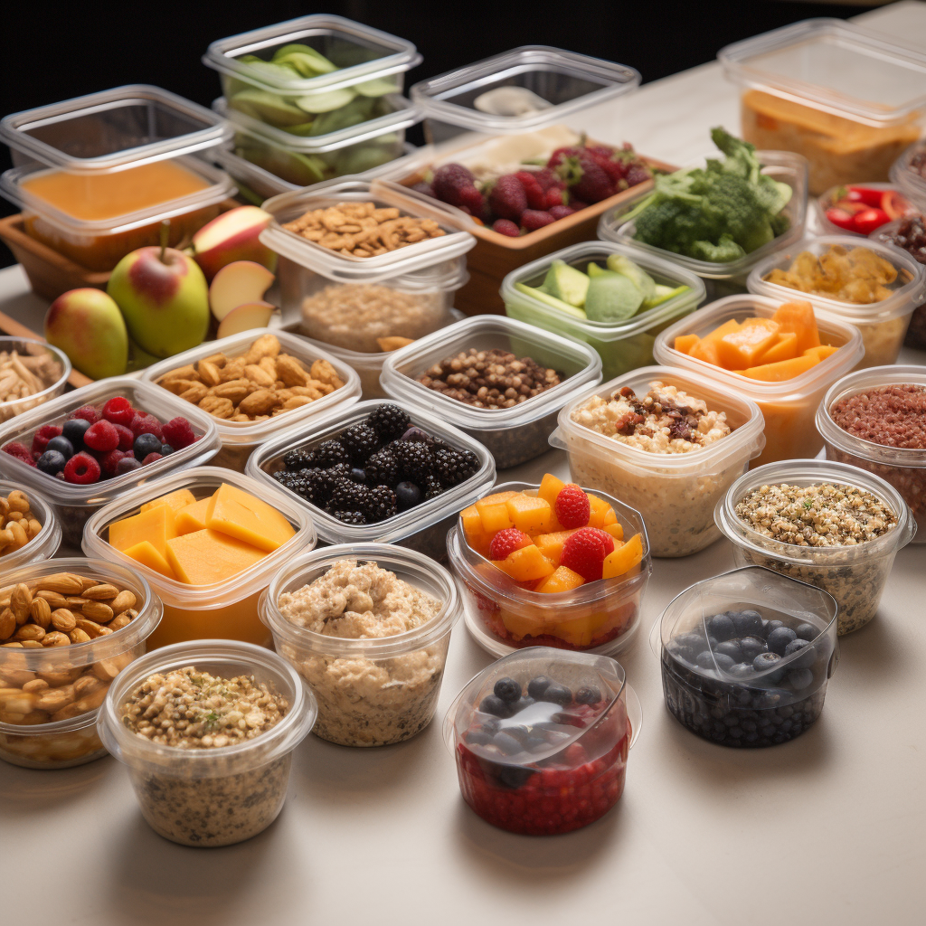 A photograph showcasing a collection of healthy, serving-size meals packaged in reusable containers, evoking the idea of batch cooking and smart portioning