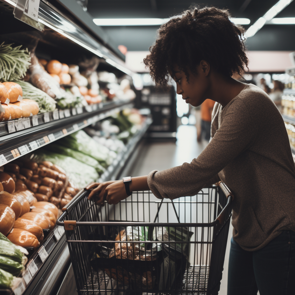 A shopper strategically filling their cart at a supermarket during a sale