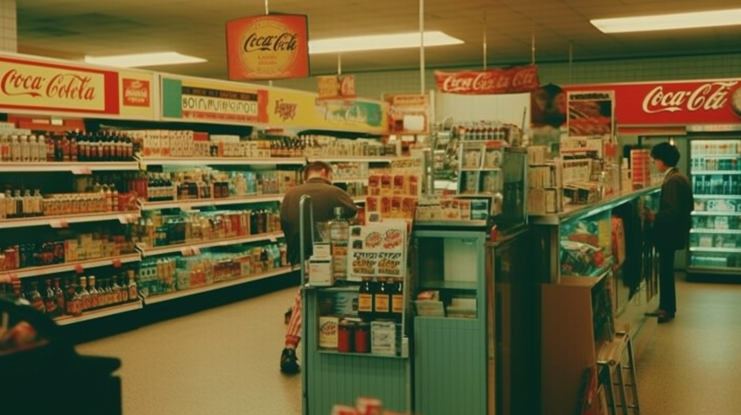 Bustling retro-style grocery store with vibrant colors