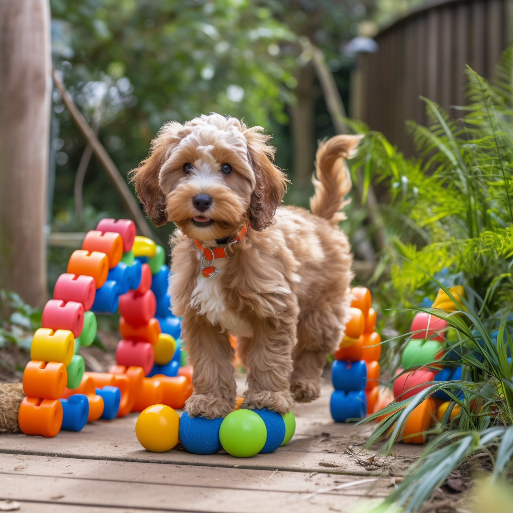 A cockapoo puppy playing with toys in the garden, nearing a small obstacle course meant for dog training