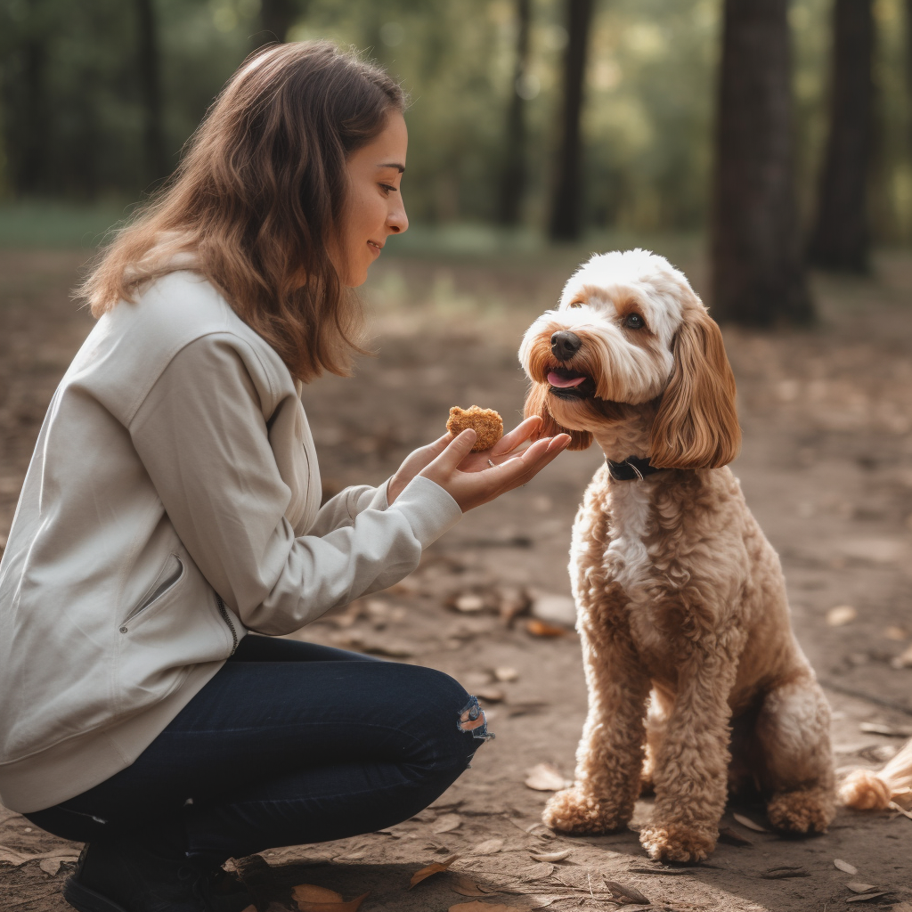 A cockapoo owner rewarding her dog with treats during a training session