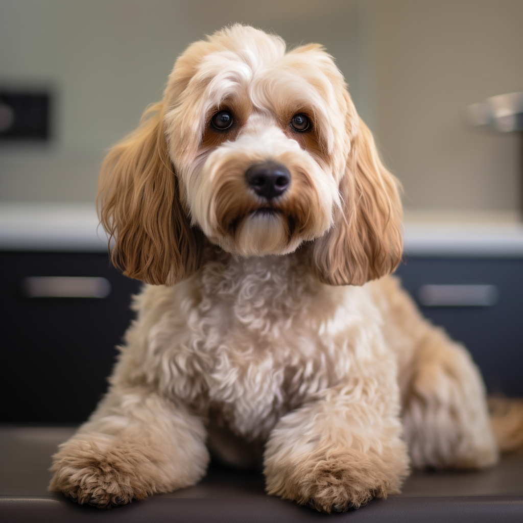 An adult cockapoo sitting calmly in a grooming session