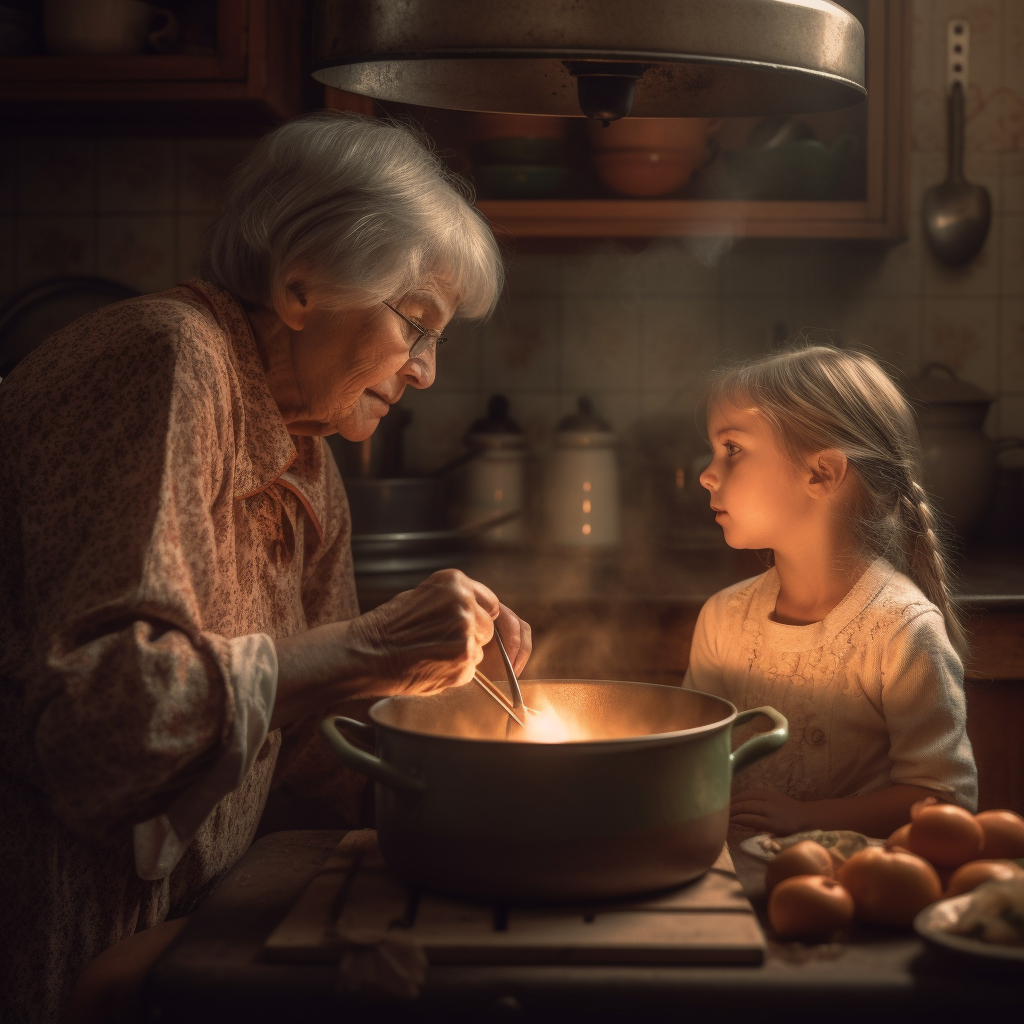 A wholesome image where a grandmother is seen cooking chicken soup at home, stirring a large pot on an old-fashioned stove, while her granddaughter watches intently. This image visually captures the transfer of culinary wisdom from one generation to another.