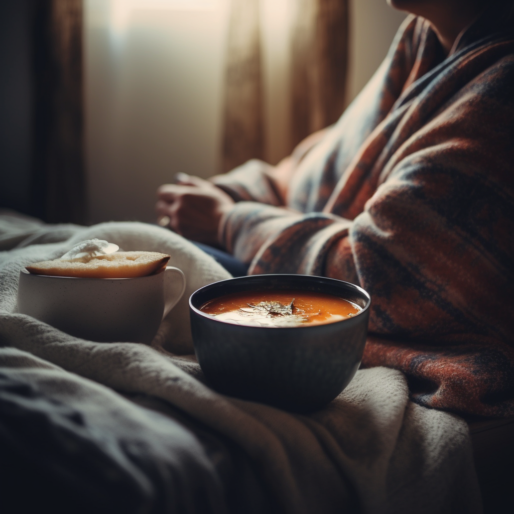 A cozy image of a person cuddled up with a blanket, resting on a couch with a steaming bowl of grandma