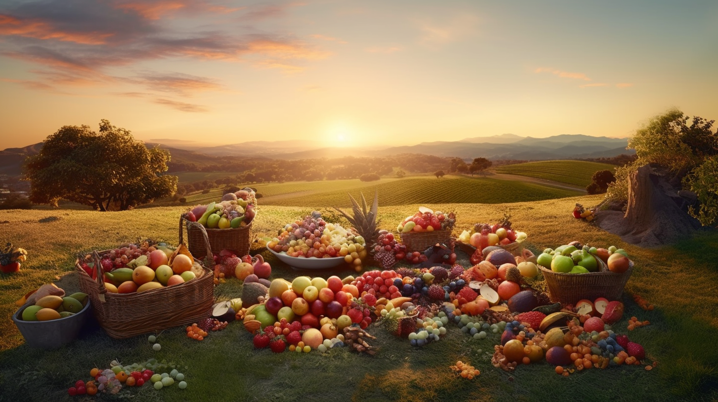 Basket overflowing with colorful fruits and vegetables