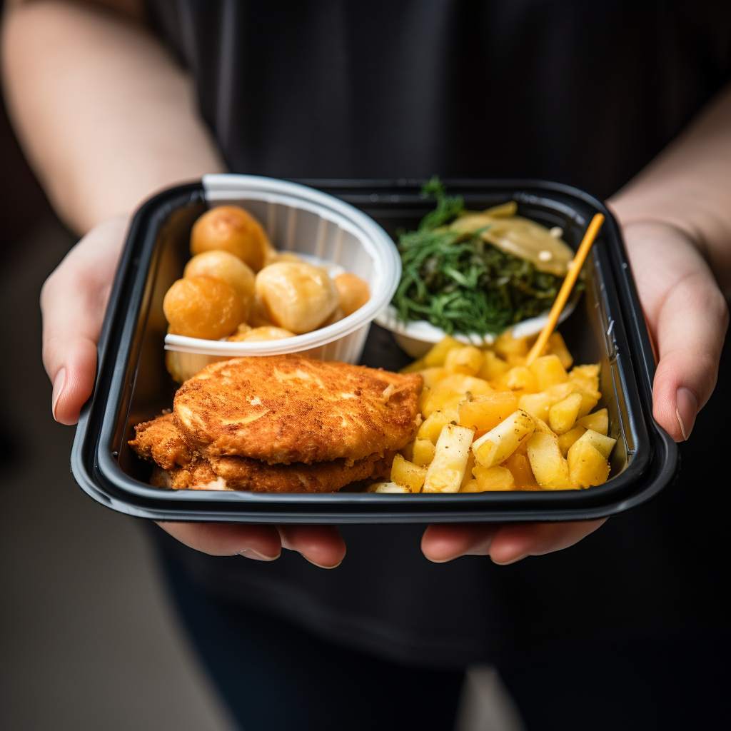 A person holding a fast food container displaying a balanced meal with lean proteins, carbohydrates, and healthy fats