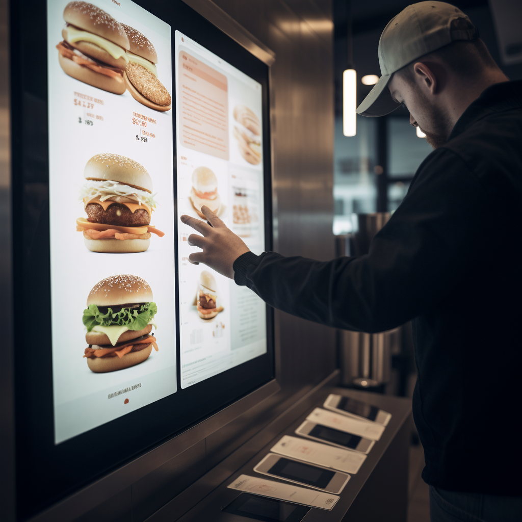 A person customizing their fast food order at a touch screen kiosk in a restaurant