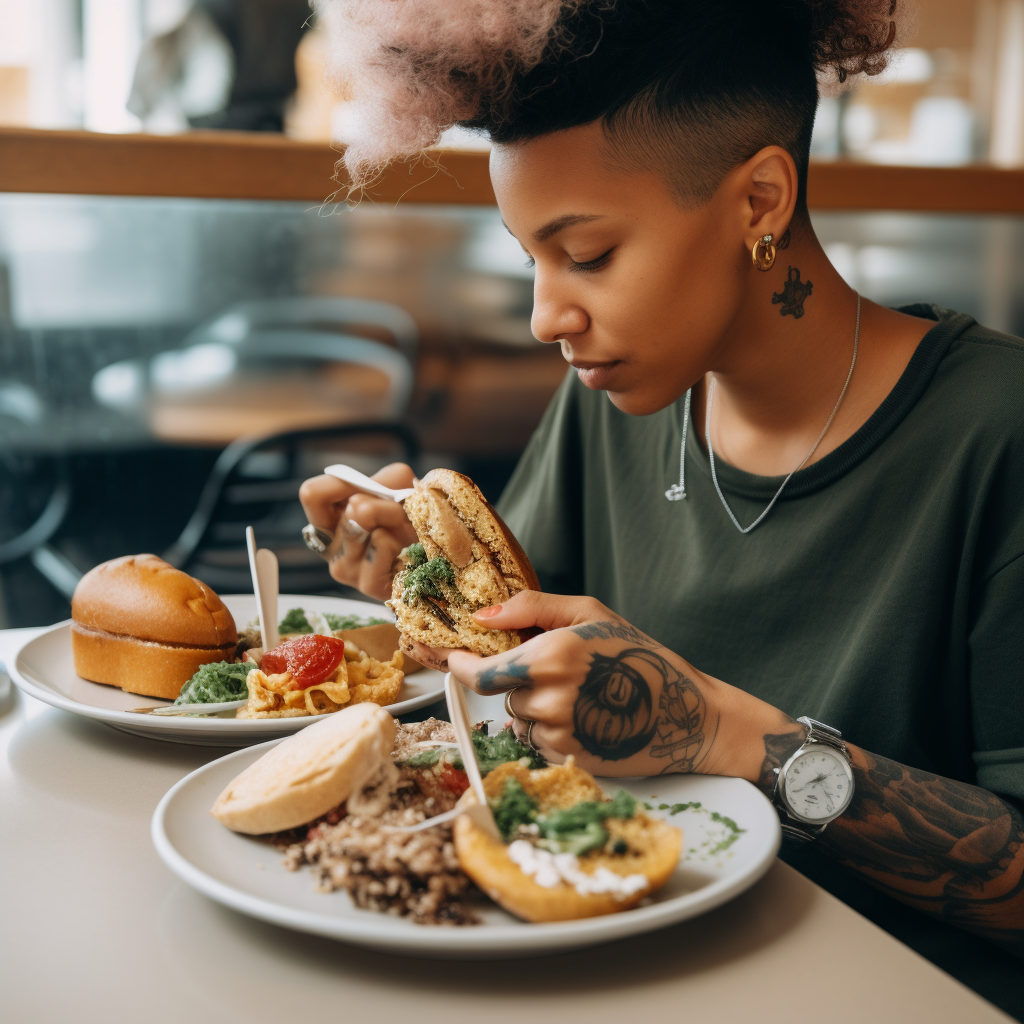 A person practicing mindful eating at a fast food restaurant, showing a balanced plate of food