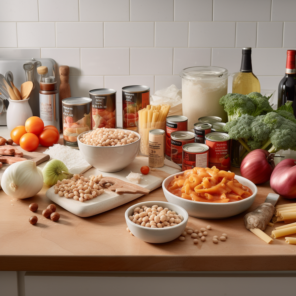 A variety of budget-friendly ingredients like canned beans, off-brand pasta, frozen vegetables, and fresh tomatoes arranged in a creative setup on a kitchen counter