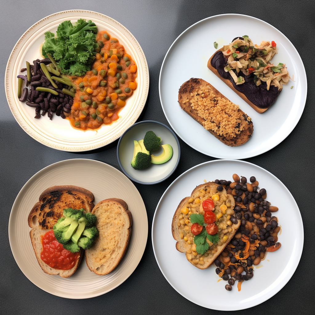 Plated version of the budget-friendly recipes mentioned in the article like oatmeal with toppings, beans on toast and stir-fry vegetables