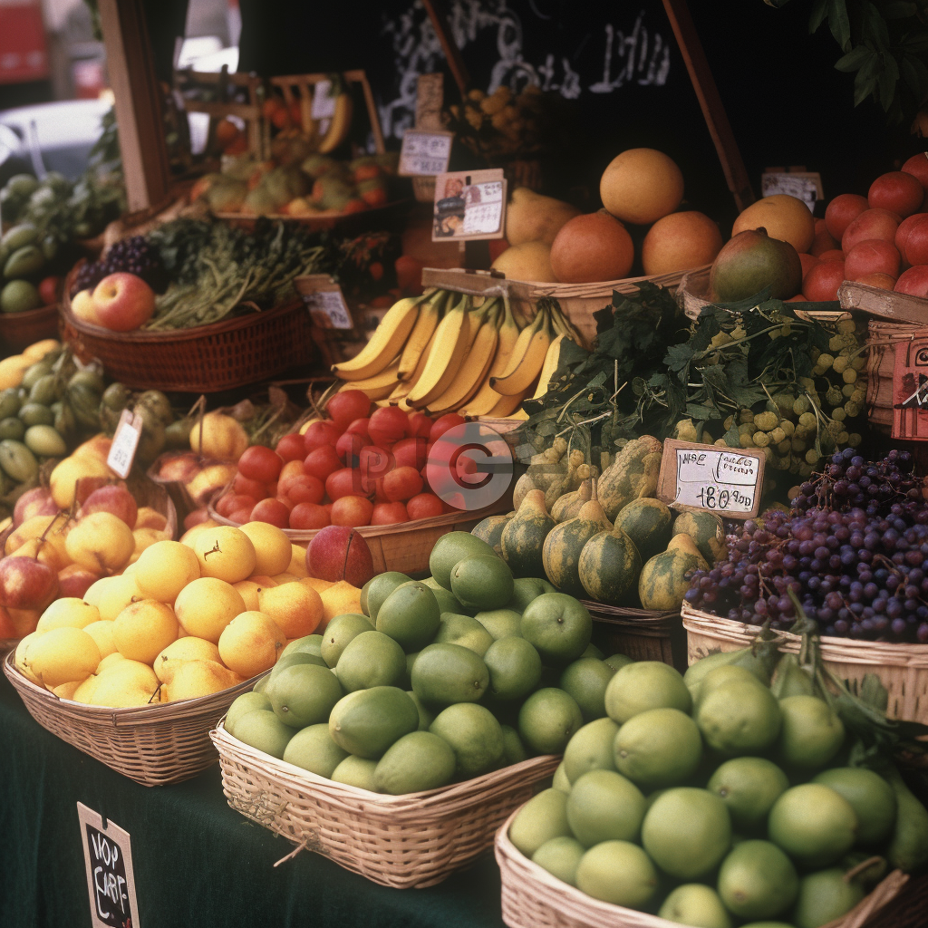 Seasonal fruits and vegetables displayed on a market stall