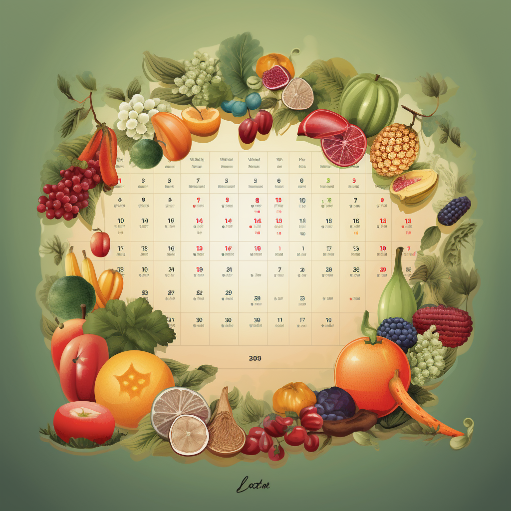 Calendar with various fruits and vegetables representing different months