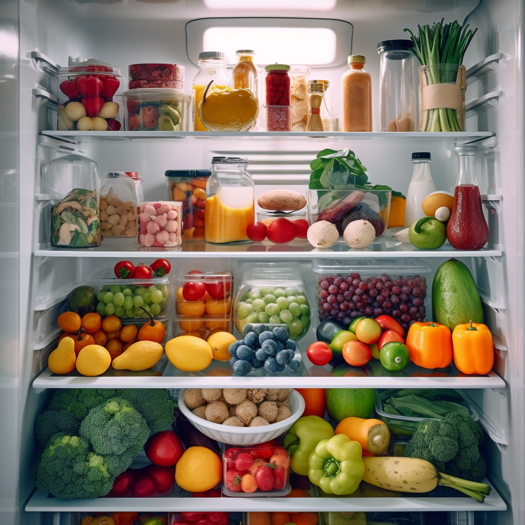 Different types of fruits and vegetables well-organized in a refrigerator