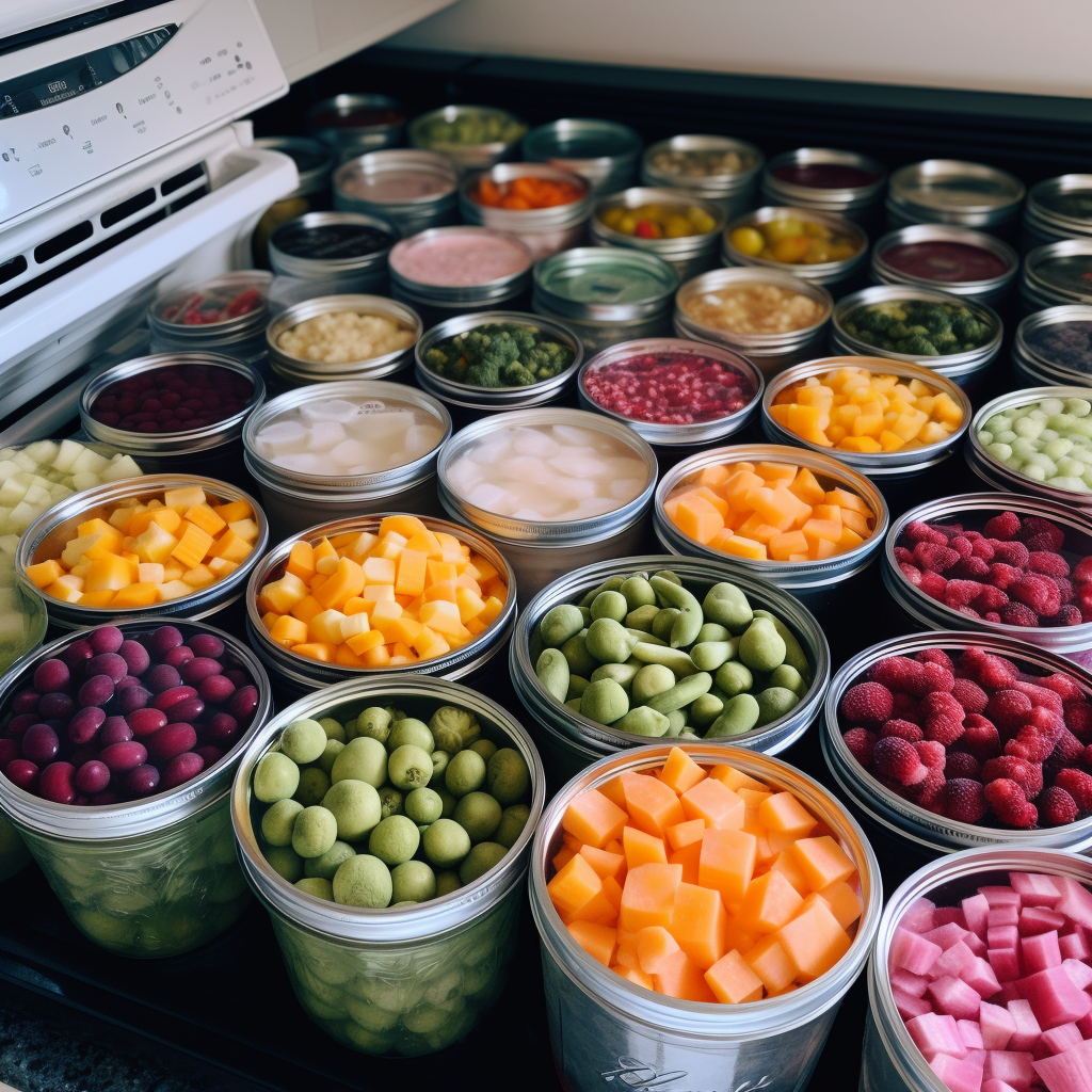 Frozen and canned fruits and vegetables nicely arranged