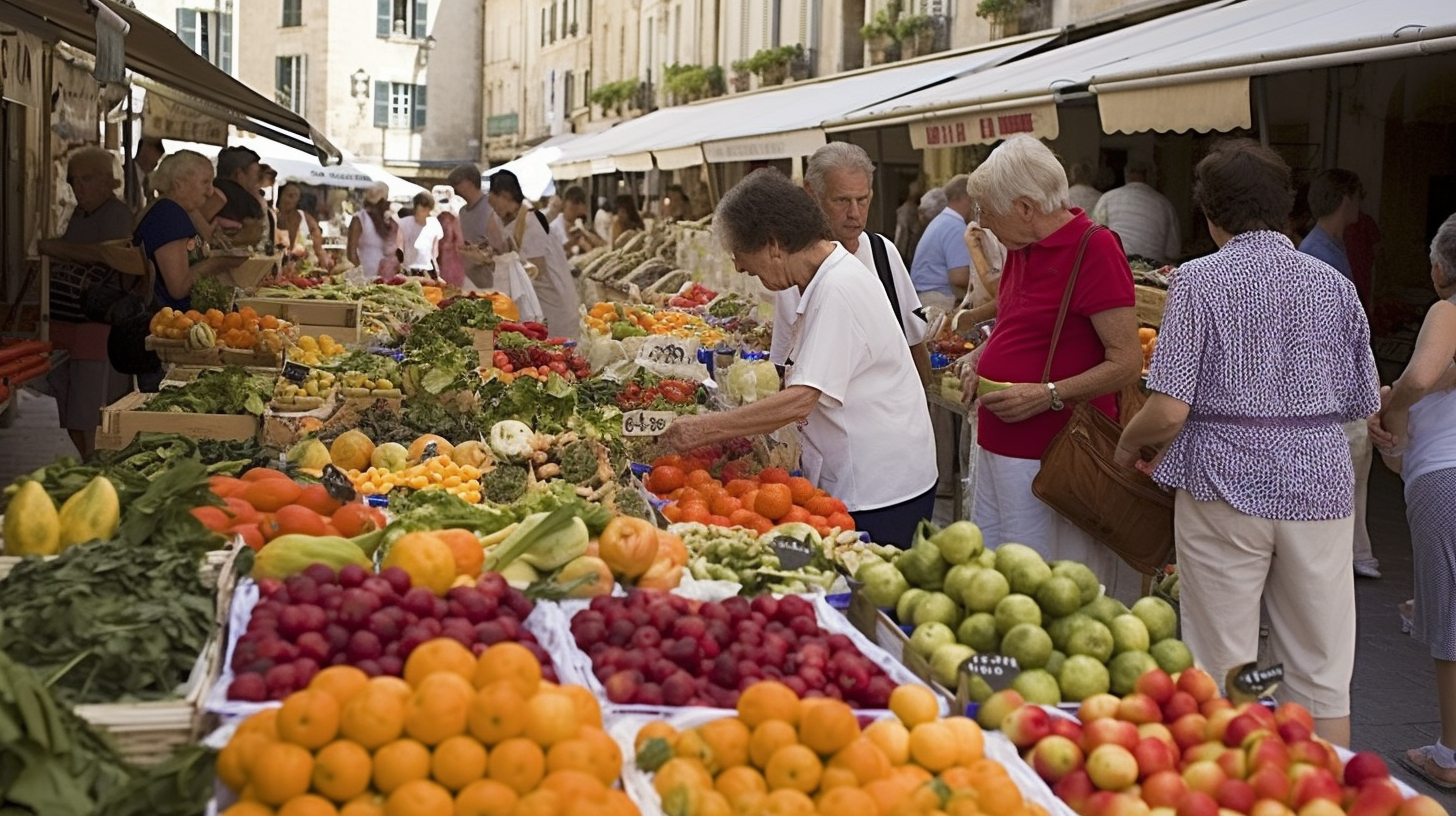 Bustling farmer's market with vibrant seasonal produce