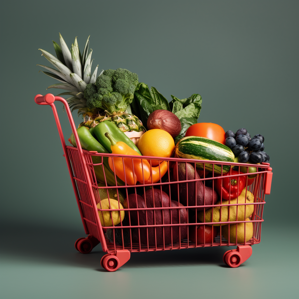 A grocery cart filled with fresh fruits and vegetables, portrayed to illustrate the concept of affordable healthy shopping.