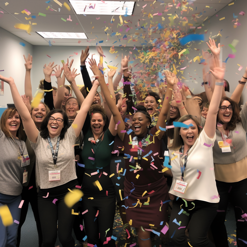 Teachers celebrating with confetti falling down on them, symbolizing the final payoff of the application process - the succeeding loan forgiveness.