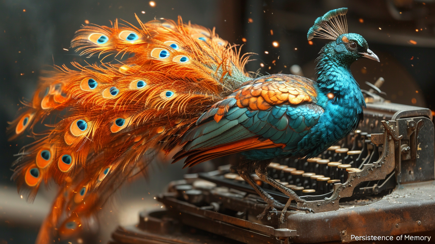 A surrealistic typewriter with peacock feathers sprouting from it, symbolizing creative inspiration